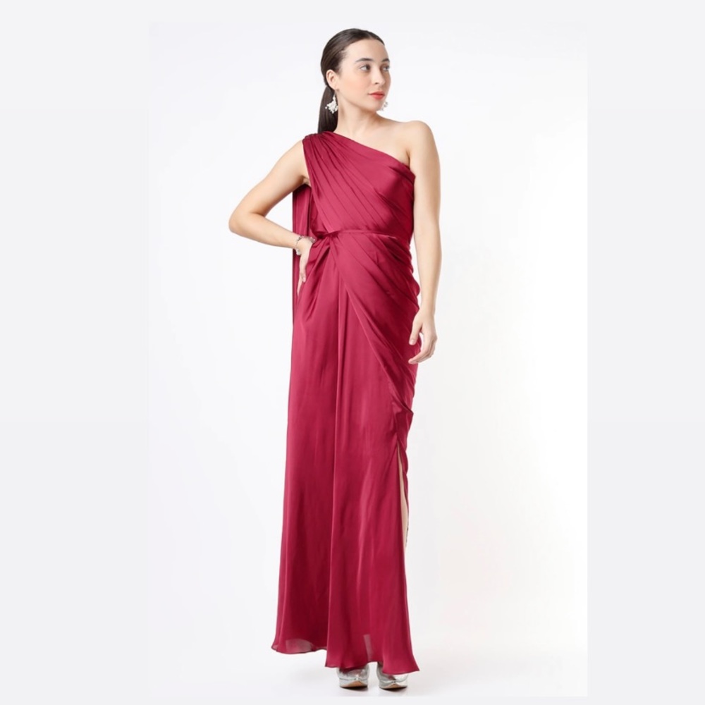 One Shoulder Satin Deep Red Gown